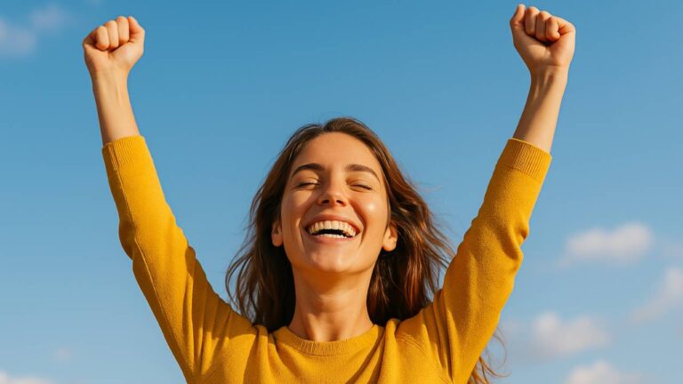 Mulher jovem sorridente com os braços erguidos comemorando sob o céu azul, simbolizando como desenvolver uma mentalidade positiva.
