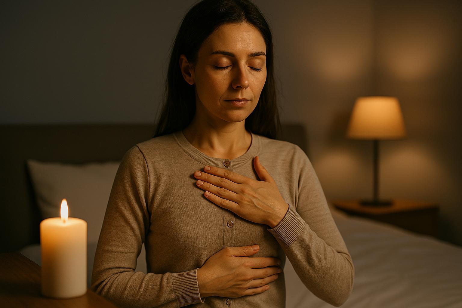Mulher deitada de lado, com expressão tranquila, dormindo profundamente em um quarto com iluminação suave. Palavra-chave: ritual noturno relaxante.