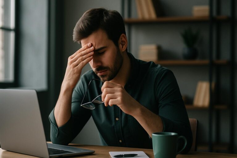 Homem sentado durante o dia em frente ao notebook, segurando os óculos e tocando a testa em gesto de cansaço. Como o sono afeta diretamente o foco e a performance cerebral.