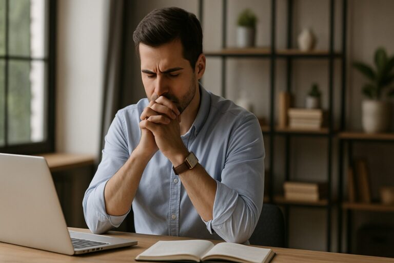 Homem de meia-idade refletindo com seriedade no ambiente de trabalho. Representa o esforço para desenvolver a atenção no trabalho.