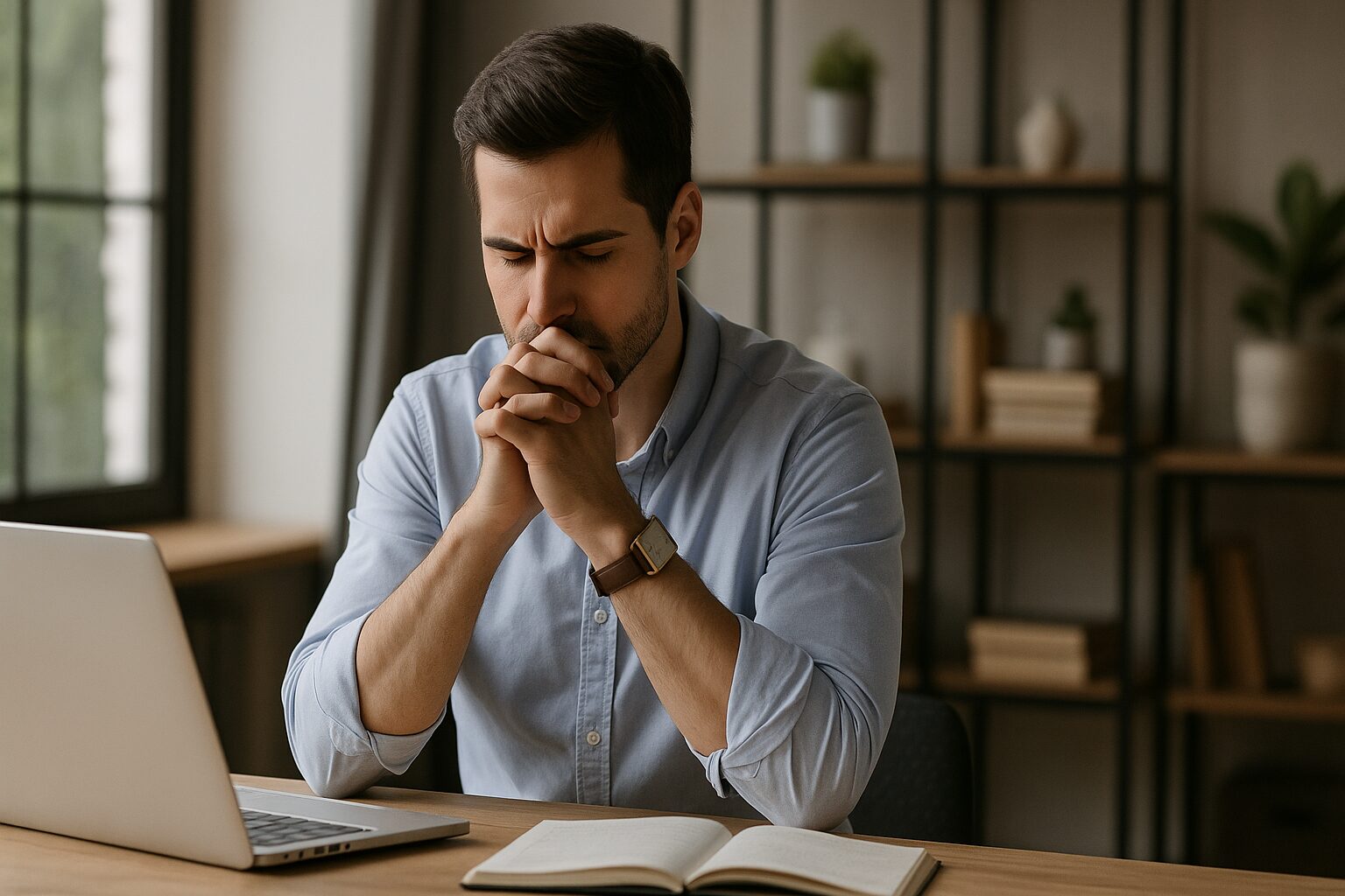 Homem de meia-idade refletindo com seriedade no ambiente de trabalho. Representa o esforço para desenvolver a atenção no trabalho.