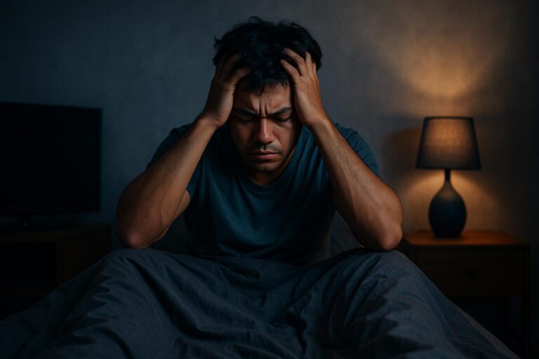 Homem sentado na cama com expressão de estresse em um quarto com iluminação noturna. 3 hábitos que estão te impedindo de dormir bem sem você perceber.