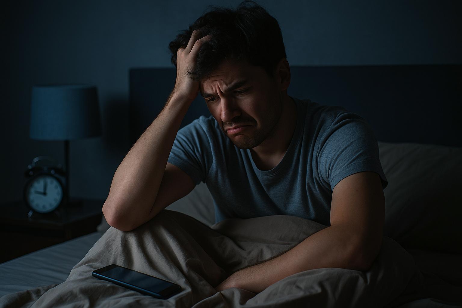 Homem frustrado sentado na cama em um quarto escuro, sem conseguir dormir. 3 hábitos que estão te impedindo de dormir bem sem você perceber.