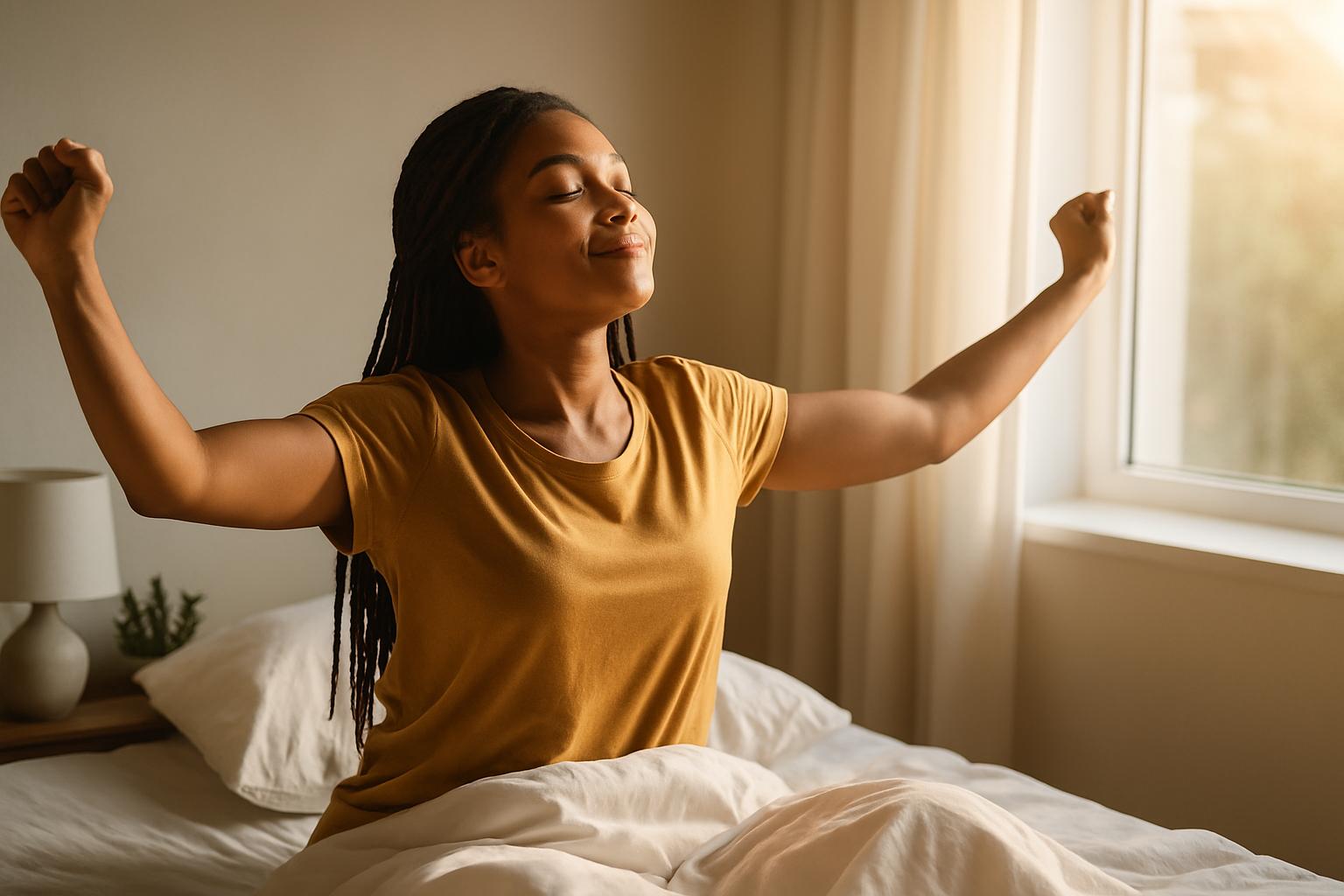 Mulher sorrindo enquanto se espreguiça na cama, sob luz natural suave da manhã. Representa como acordar com energia.