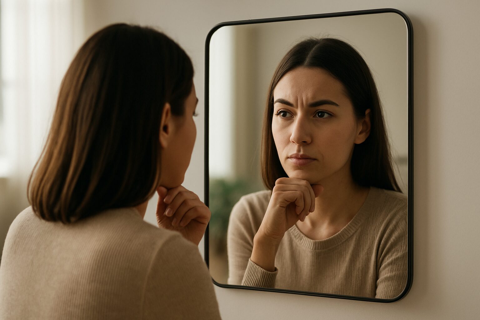 Mulher com expressão concentrada observa seu reflexo em um espelho retangular, refletindo sobre a importância da autoconfiança no trabalho.