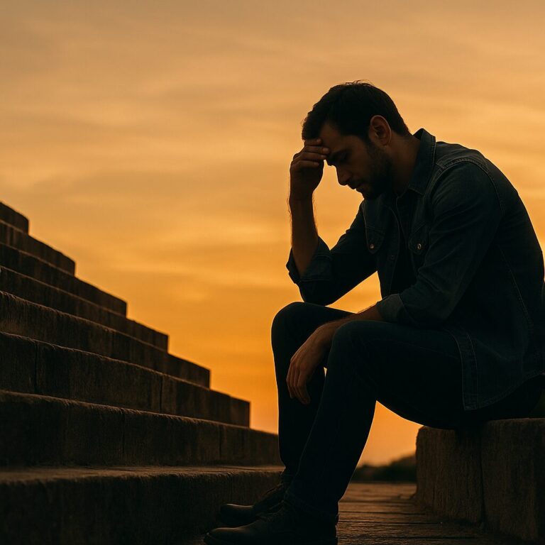 Homem sentado em escadaria ao pôr do sol com expressão pensativa, refletindo sobre o que influencia na qualidade do sono.