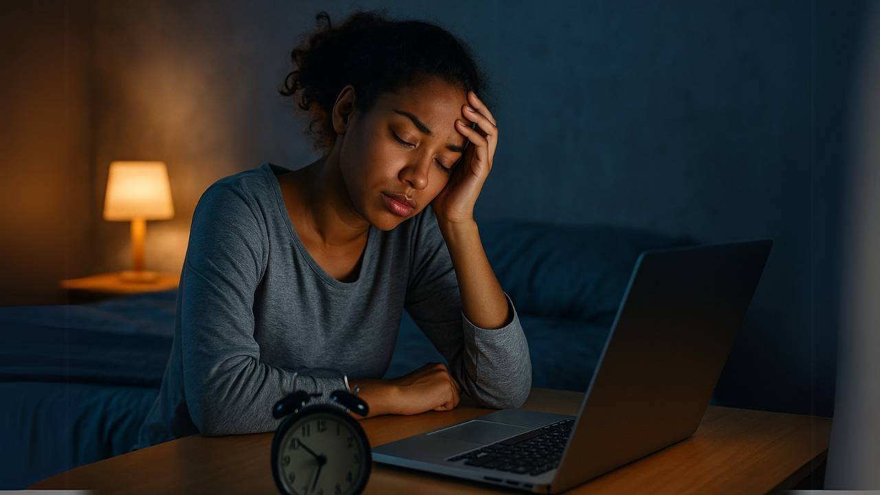 Mulher com expressão de cansaço olhando para o computador, apoiando a cabeça com a mão e um despertador sobre a mesa, representando sono e concentração: entenda como dormir mal prejudica.