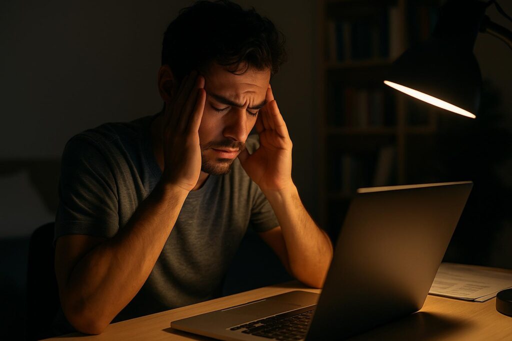 Homem exausto sentado diante de um notebook à noite, pressionando as têmporas sob a luz de um abajur. Como o sono afeta diretamente o foco e a performance cerebral.
