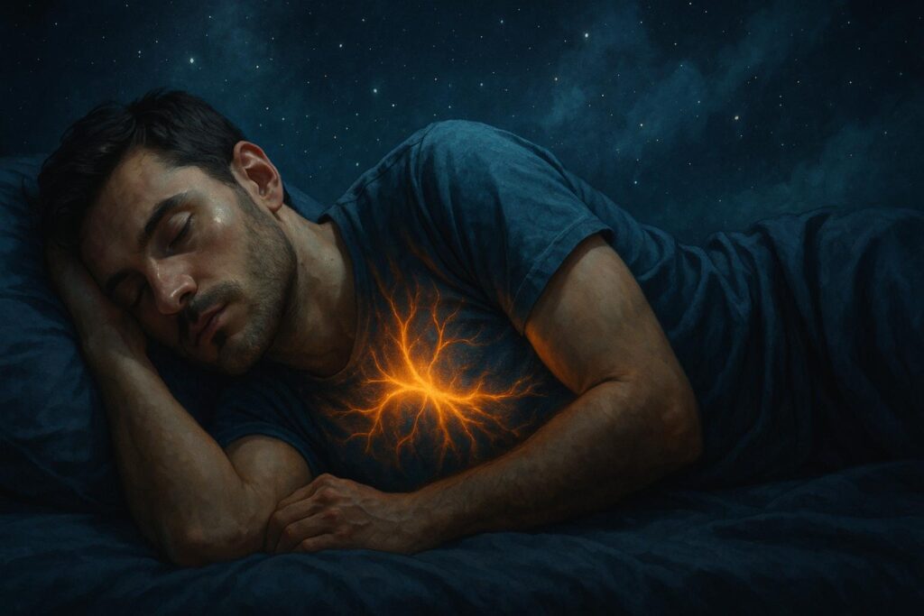 Homem dormindo de lado com luz simbólica emanando do peito, representando o processo de sono profundo e regeneração física.