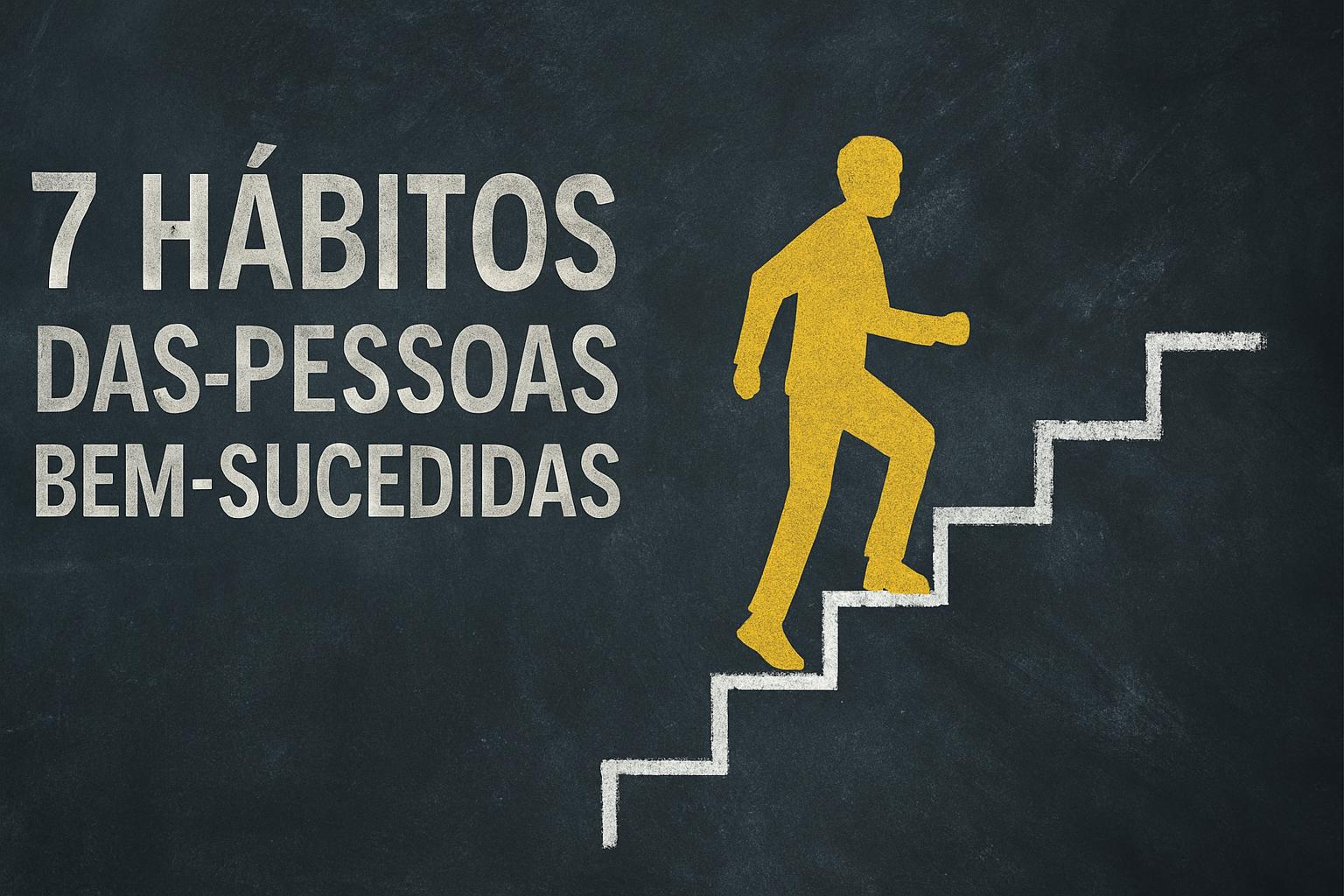 Homem amarelo estilizado sobe escada desenhada com giz sobre fundo escuro, representando os 7 hábitos das pessoas bem-sucedidas.