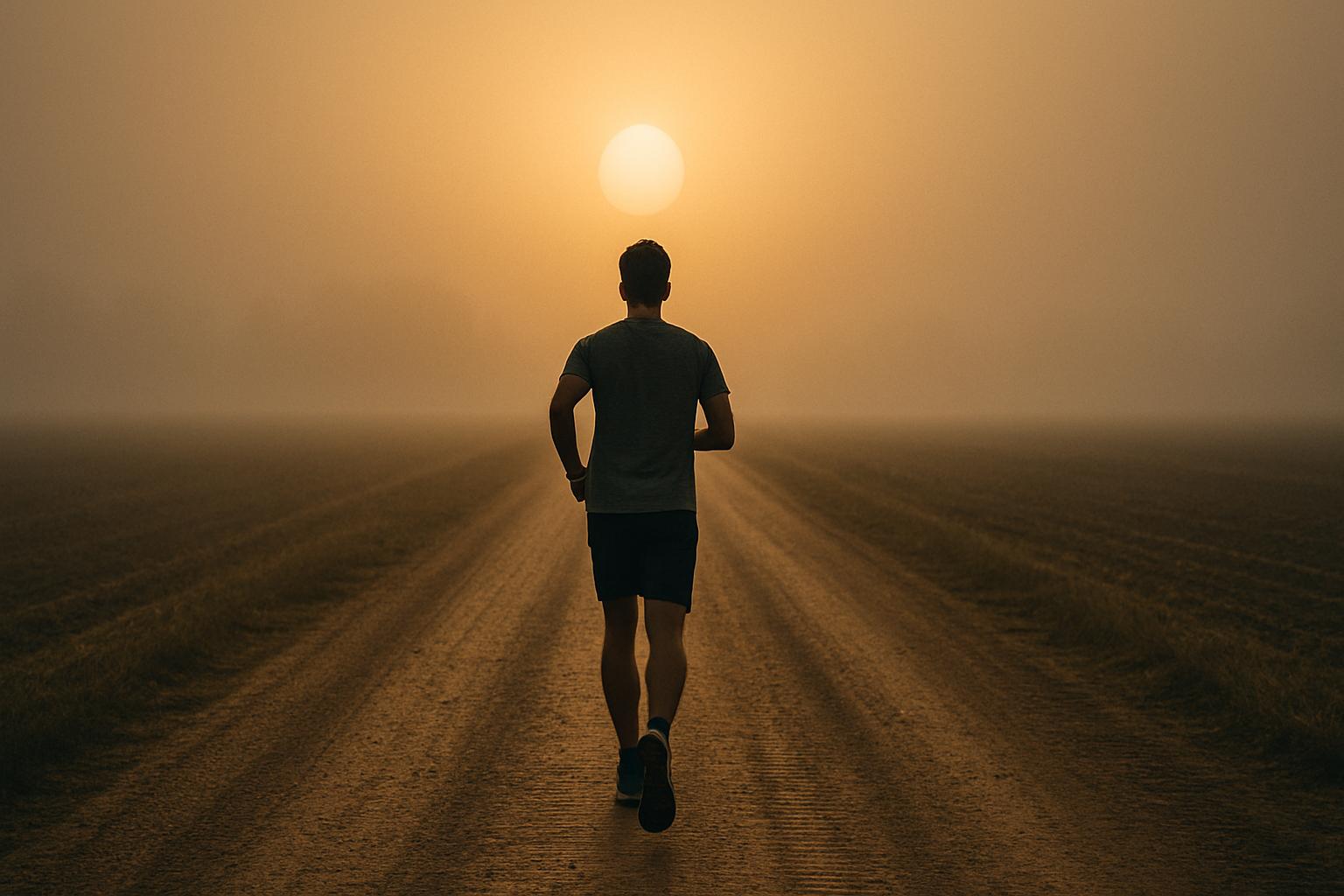 Homem correndo sozinho ao entardecer por uma estrada de terra, com o sol ao fundo. Palavra-chave: disciplina e consistência.