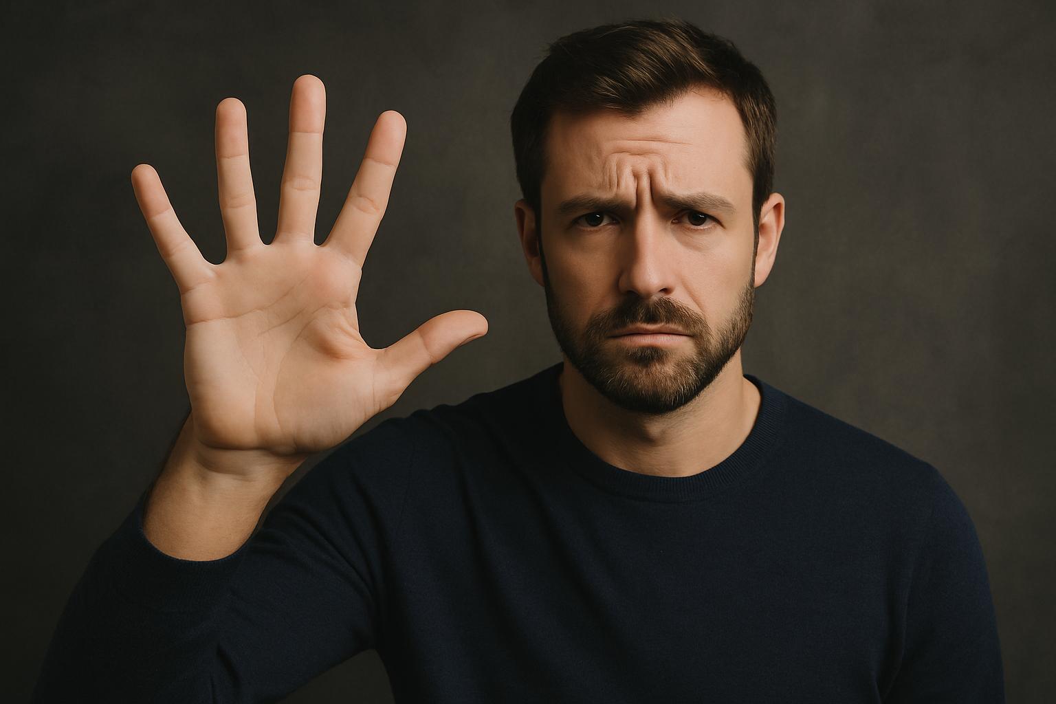 Homem com expressão séria levanta a mão mostrando cinco dedos, simbolizando cinco erros que sabotam sua alta performance.
