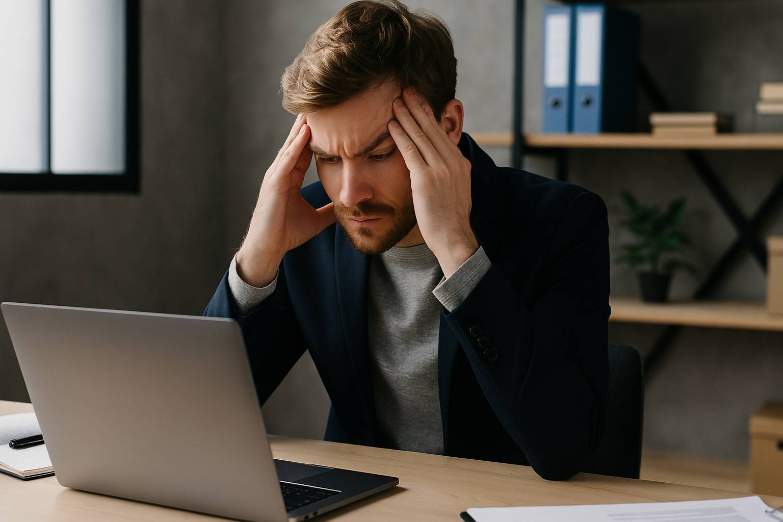 Homem sentado em frente ao laptop com expressão tensa e mãos na cabeça, simbolizando como manter o foco sob pressão.