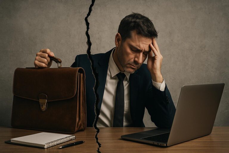 Homem de negócios segura uma pasta enquanto aparenta forte tensão mental, dividido por uma rachadura simbólica que representa o conflito entre dever profissional e saúde emocional. Final da frase com: ansiedade em executivos de alto rendimento.