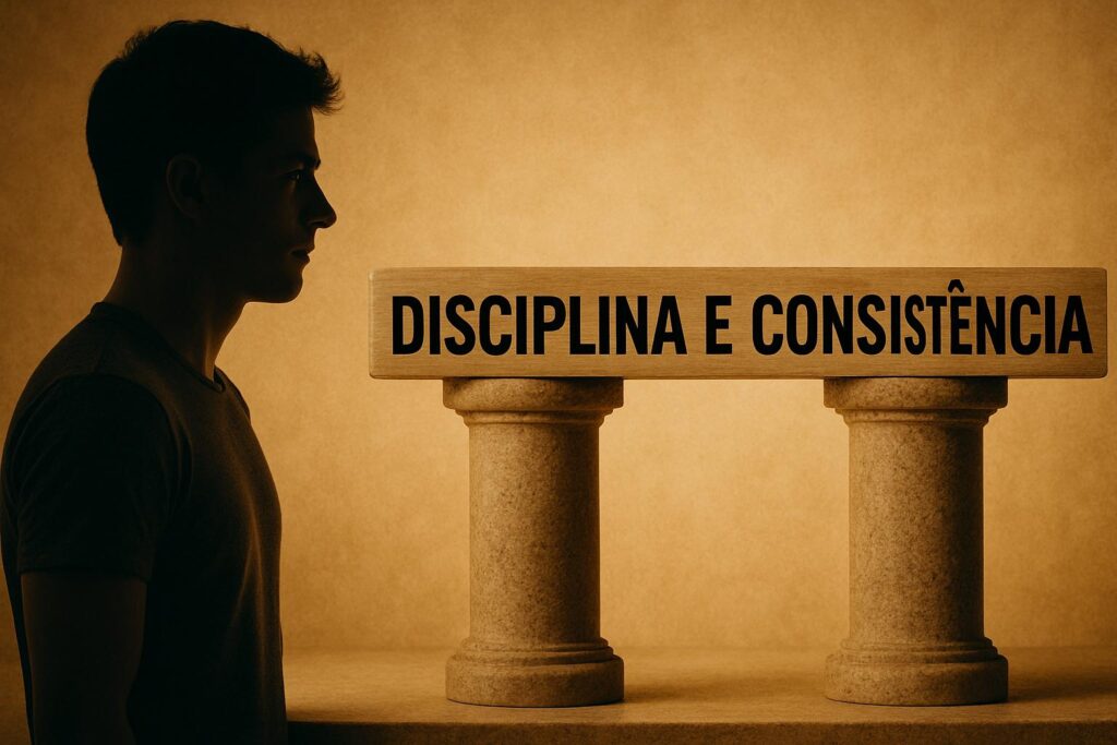 Silhueta de um homem encarando duas colunas com a placa “Disciplina e Consistência” sobre elas. Palavra-chave: disciplina e consistência.