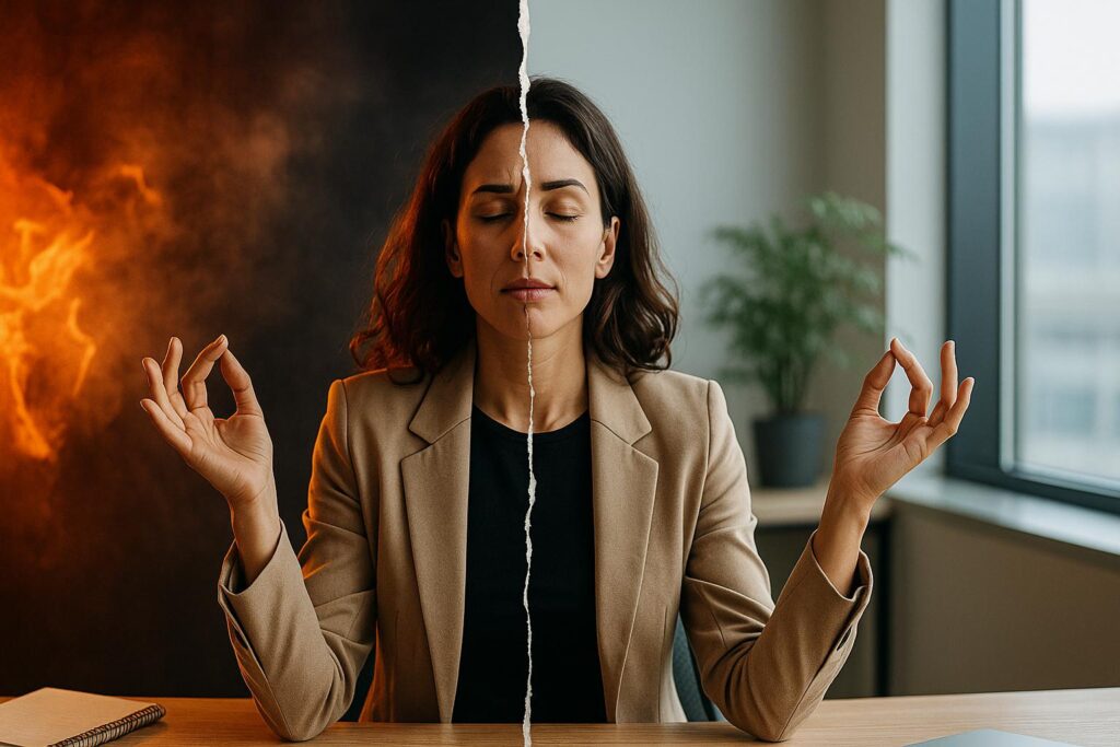 Mulher em postura de meditação simboliza, com metade do fundo em chamas e metade sereno, as 3 práticas para reduzir a ansiedade no ambiente corporativo.