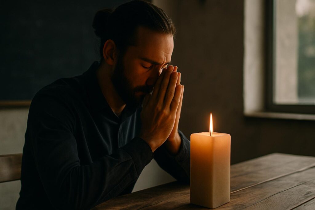 Homem em silêncio profundo diante de uma vela acesa, simbolizando atenção plena e introspecção. Palavra-chave: foco profundo.