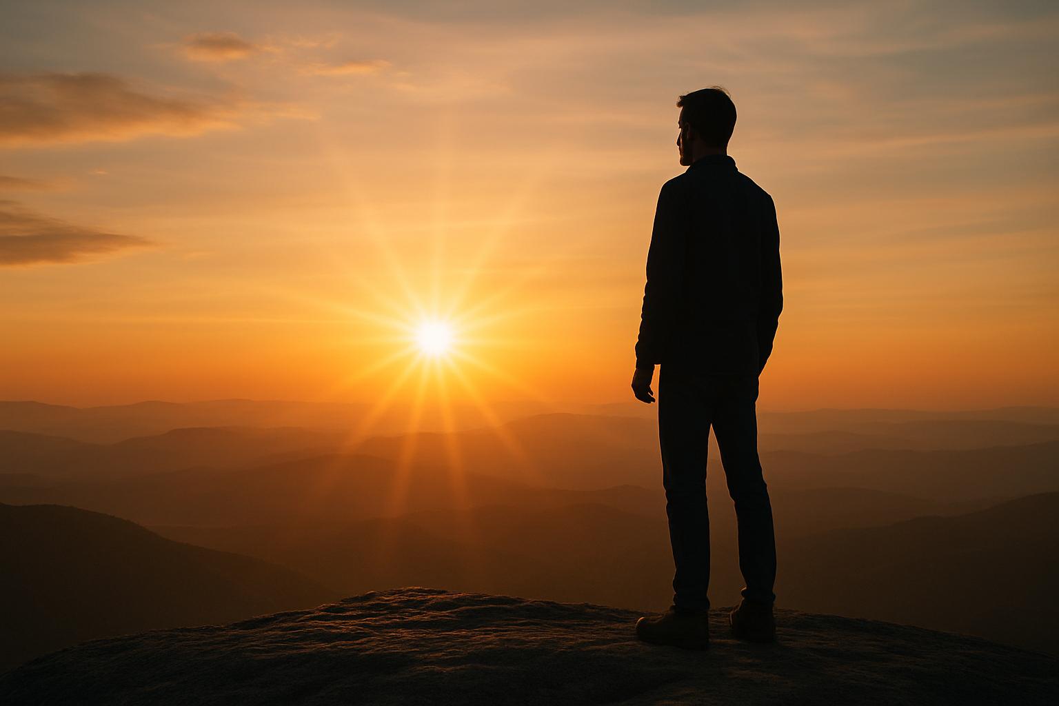 Um homem observa o horizonte do alto de uma montanha durante o pôr do sol, representando contemplação e como focar no crescimento pessoal.