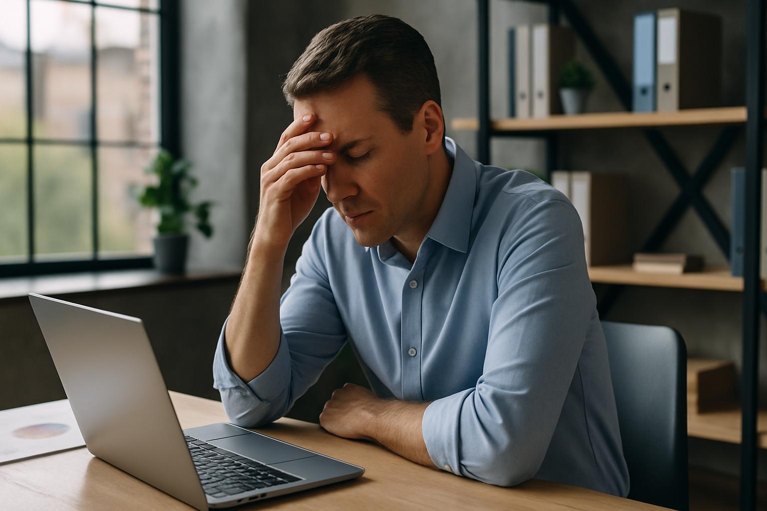 Homem com expressão cansada apoiando a mão na testa enquanto encara o notebook em ambiente de trabalho, representando a tomada de decisão sob pressão.