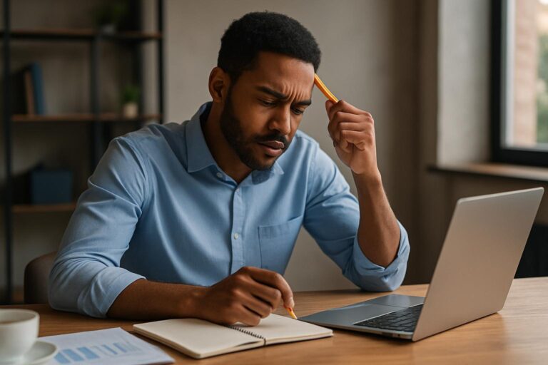 Homem negro escrevendo em um caderno com atenção e tranquilidade, sob luz suave. Representa os 4 passos para aumentar sua concentração no trabalho.