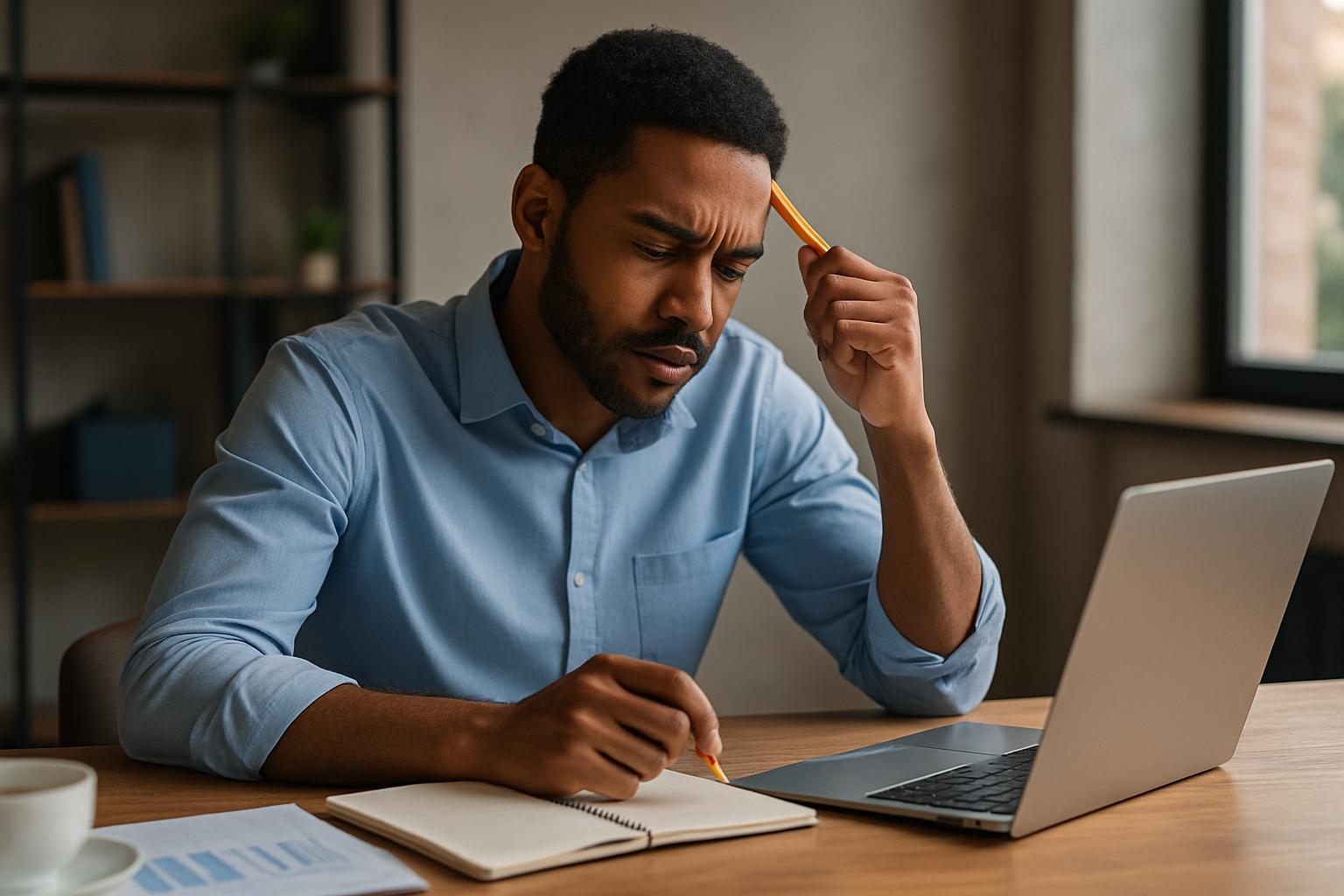 Homem negro escrevendo em um caderno com atenção e tranquilidade, sob luz suave. Representa os 4 passos para aumentar sua concentração no trabalho.
