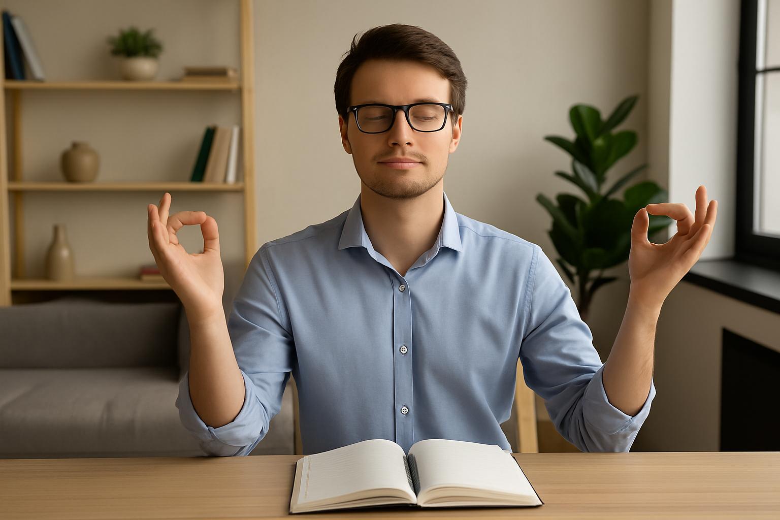Homem jovem sentado à mesa com caderno e laptop, pressionando as têmporas em gesto de foco, representando 3 hábitos para estimular o seu desenvolvimento pessoal.