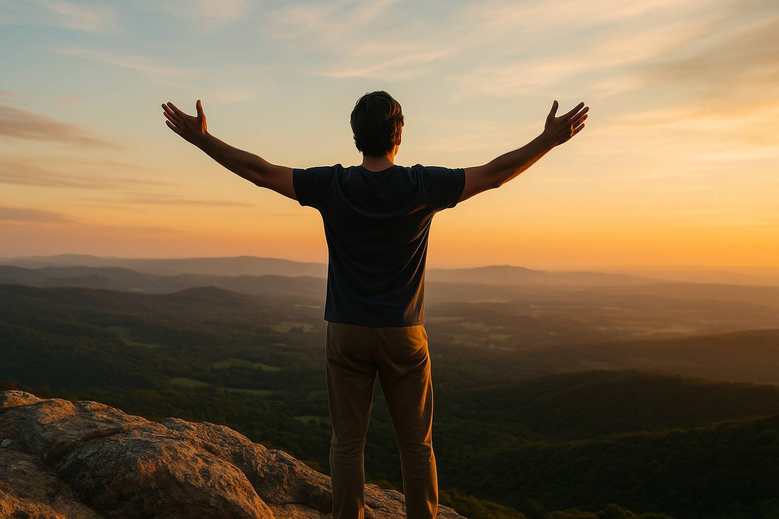 Homem em pé sobre penhasco ao pôr do sol com braços abertos, representando como manter o foco sob pressão.