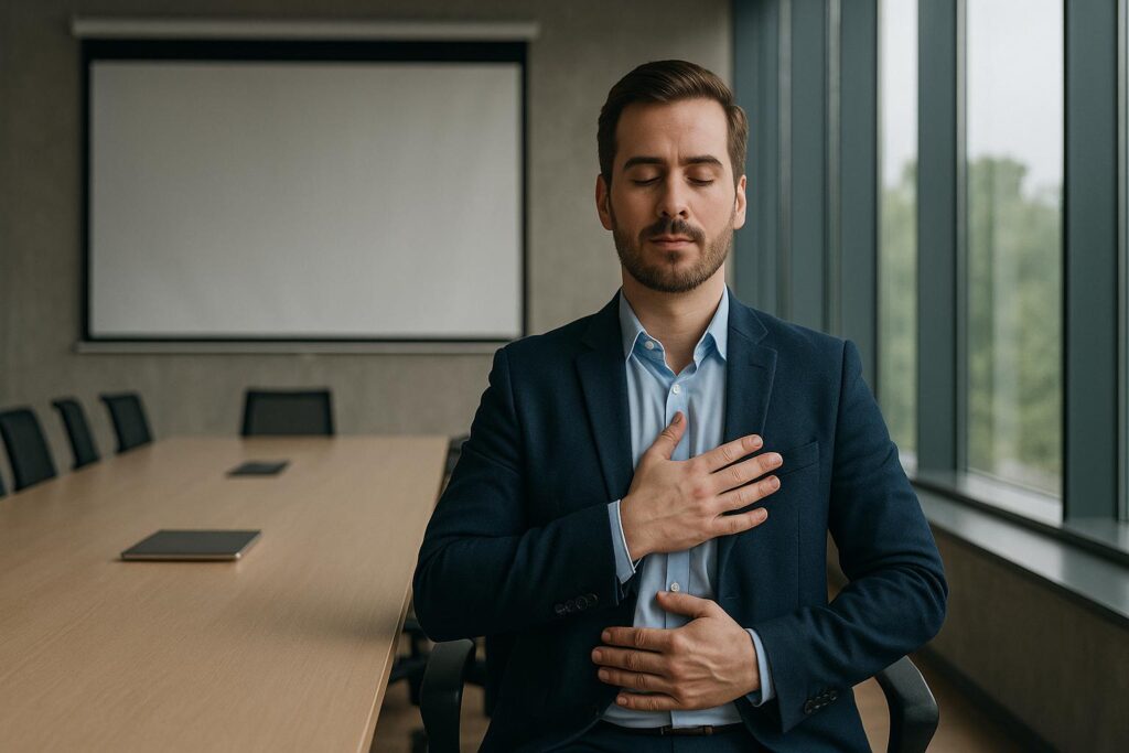 Homem praticando respiração consciente em sala de reunião antes de uma apresentação. Como controlar a ansiedade antes de reuniões importantes.