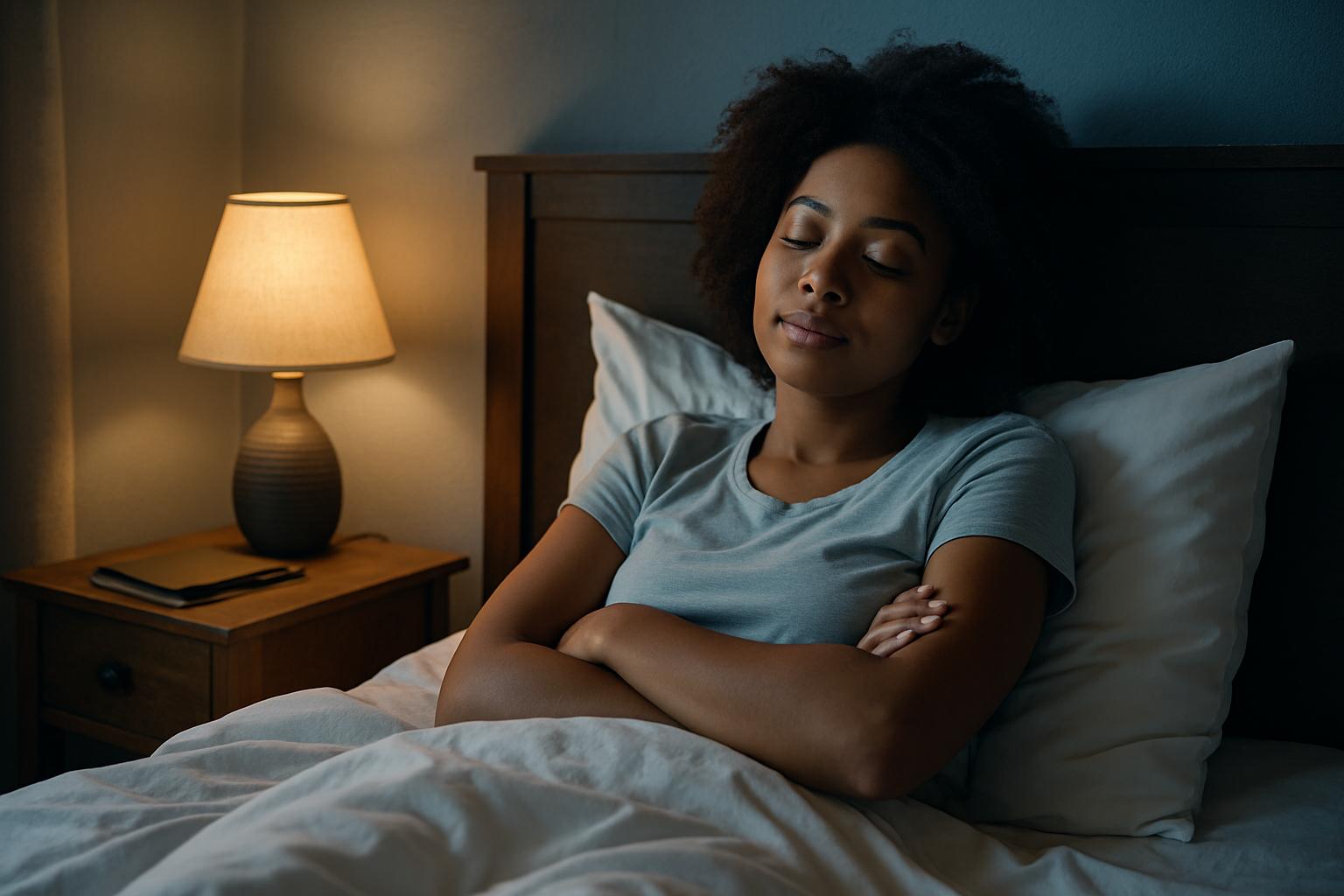 Mulher negra deitada com expressão tranquila em um quarto de luz suave e ambiente acolhedor. Representa como ter um sono de qualidade.