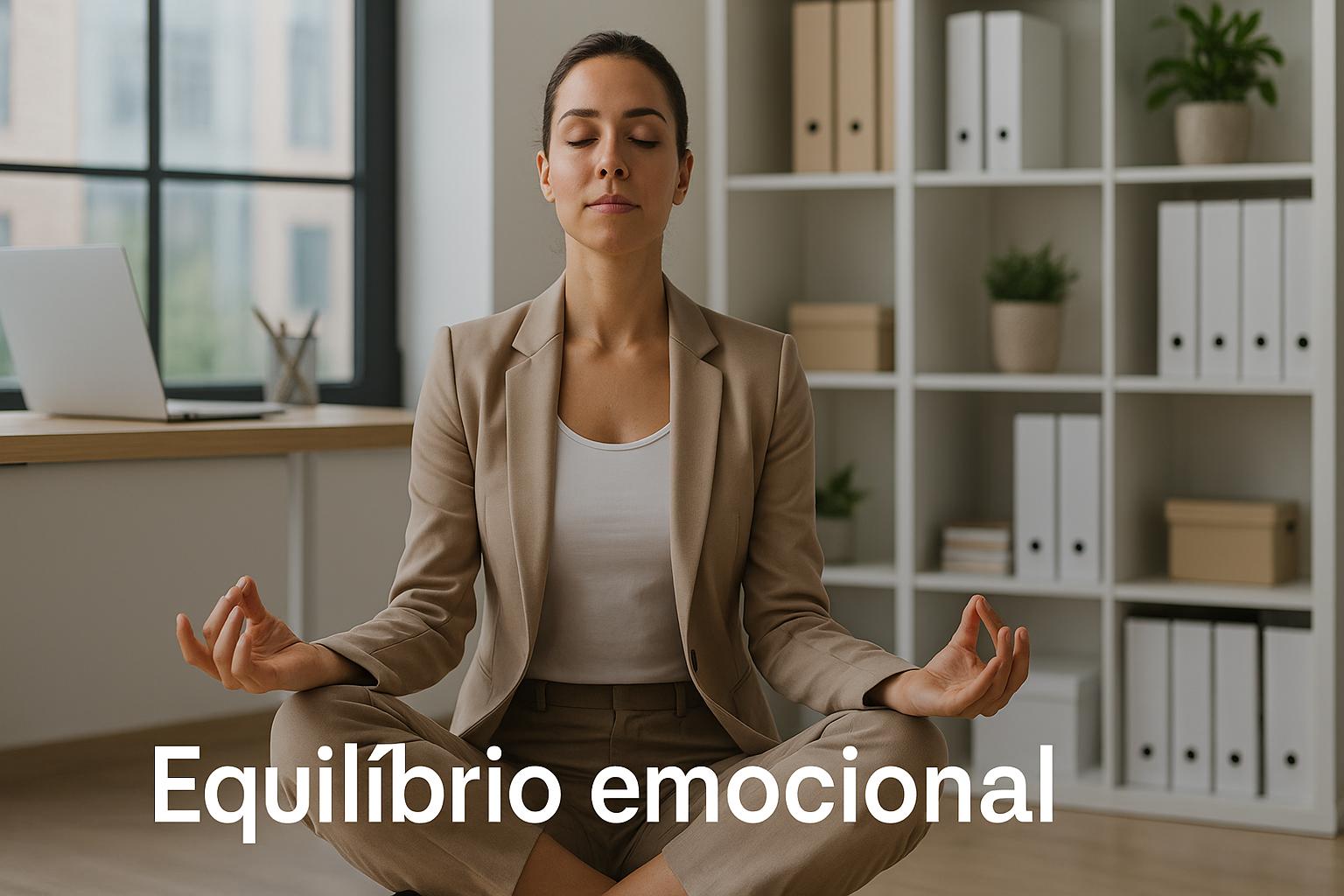 Mulher de olhos fechados medita em posição de lótus em escritório iluminado, demonstrando 3 práticas para reduzir a ansiedade no ambiente corporativo.