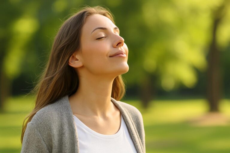 Mulher jovem respirando profundamente ao ar livre com expressão de serenidade. reduzir a ansiedade