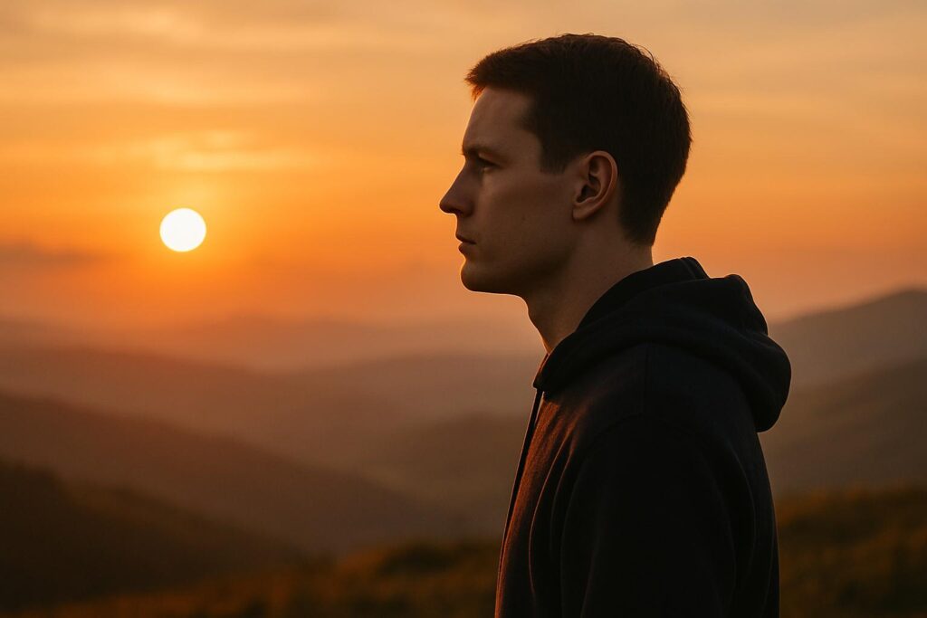 Homem sentado em silêncio refletindo diante de uma janela com luz suave, simbolizando resiliência emocional.