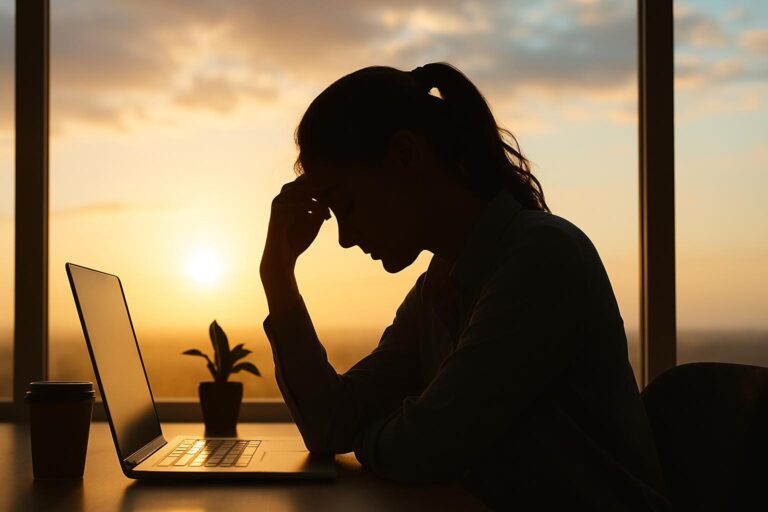Silhueta de mulher tensa diante do computador durante o pôr do sol. Como controlar a ansiedade antes de reuniões importantes.