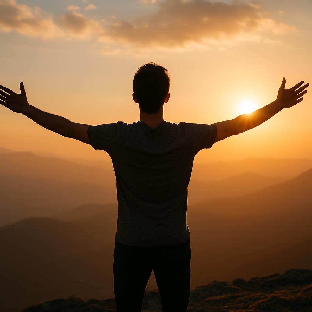 Silhueta de um homem de braços abertos no topo de uma montanha ao pôr do sol, representando 3 estratégias surpreendentes para se motivar.