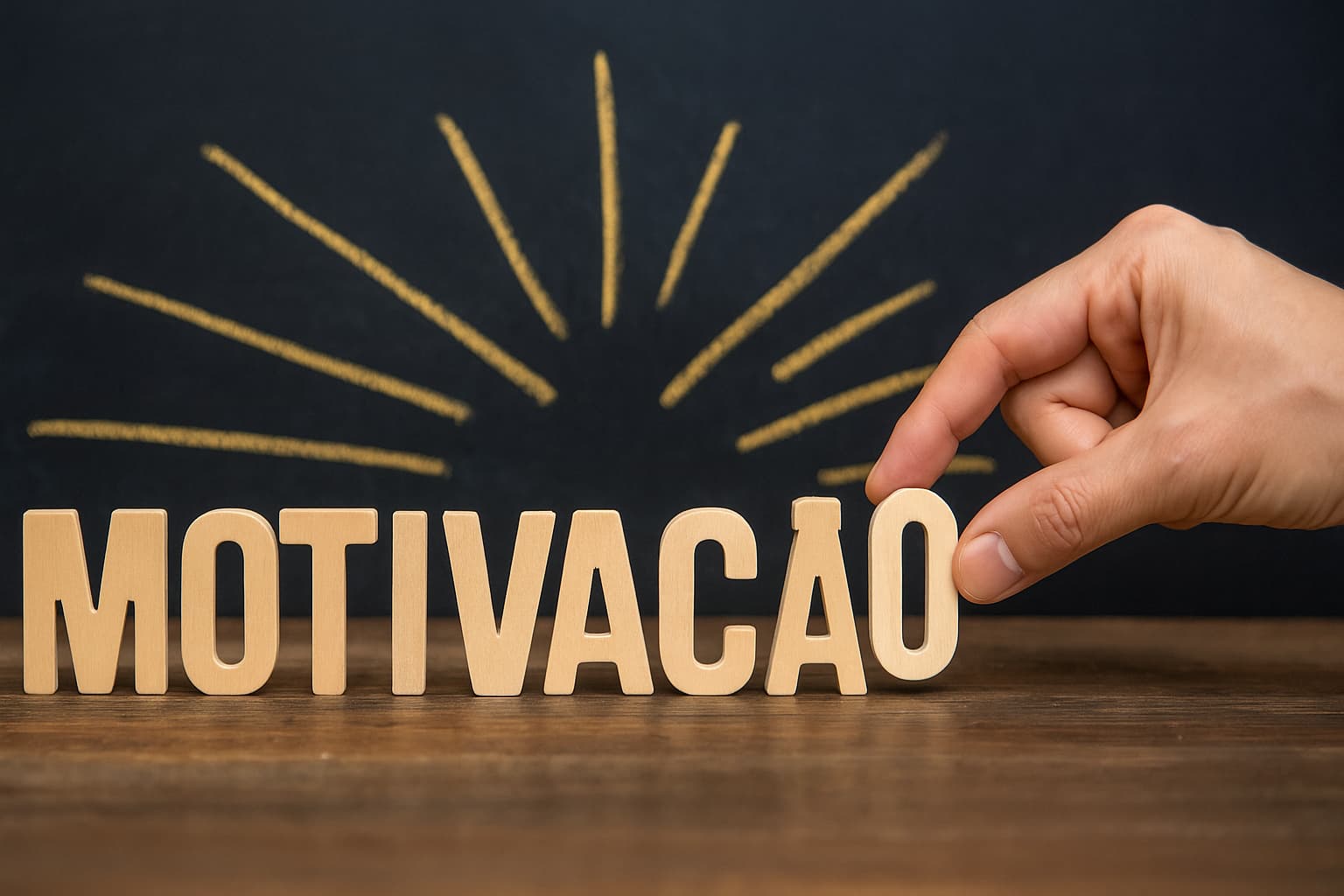 A palavra MOTIVAÇÃO formada por blocos de madeira com fundo de quadro-negro e raios amarelos, representando como aumentar sua motivação pessoal.