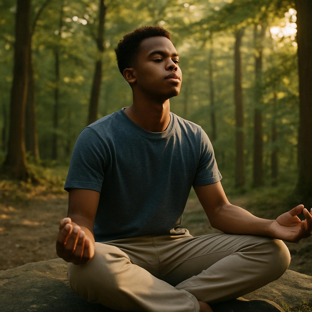 Jovem negro meditando em posição de lótus sobre uma pedra no meio da floresta ao pôr do sol, representando 3 estratégias surpreendentes para se motivar.